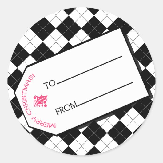 Zwart Argyle Kerst Gift Label Sticker (Voorkant)