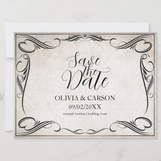 Zwart Art Deco Bruiloft Save the Date (Voorkant)
