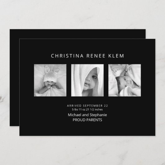 Zwart B/W Collage Foto Moderne Geboorte Aankondiging (Voorkant / Achterkant)