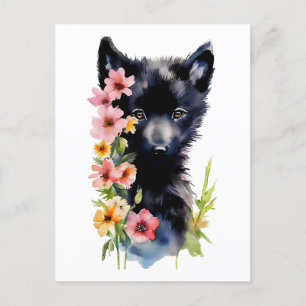 Zwart Baby Wolf cub waterverf kunst schilderij Briefkaart