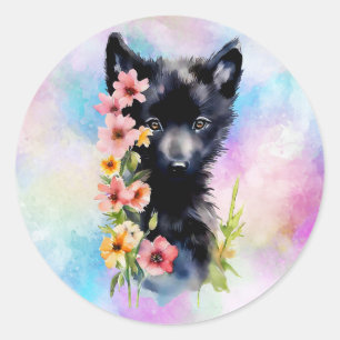 Zwart Baby Wolf cub waterverf kunst schilderij Ronde Sticker