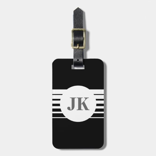 Zwart bagagelabel met personaliseerbaar monogram (Voorkant verticaal)