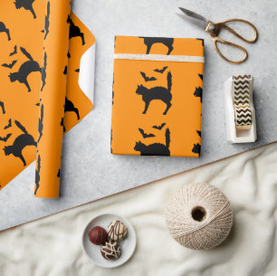 Zwart bang kat met vleermuizen Halloween Sinaasapp Cadeaupapier