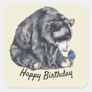 Zwart Beer en vlinder Happy Birthday Vierkante Sticker