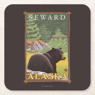 Zwart Beer in de bosbouw - Seward, Alaska Vierkante Kartonnen Onderzetter