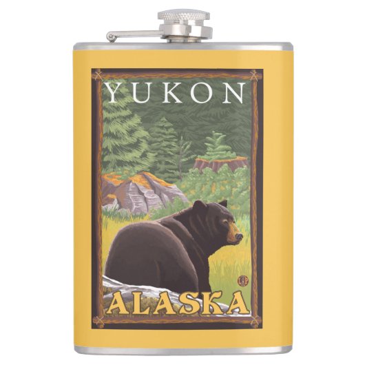 Zwart Beer in de bosbouw - Yukon, Alaska Heupfles (Voorkant)