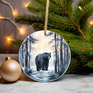 Zwart Beer op winterbosdieren Keramisch Ornament