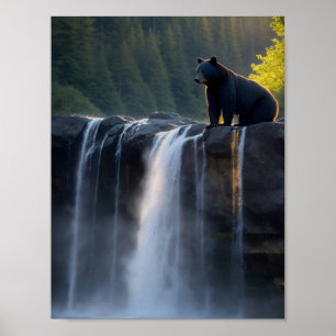 Zwart Beer zittend bovenop waterval Poster