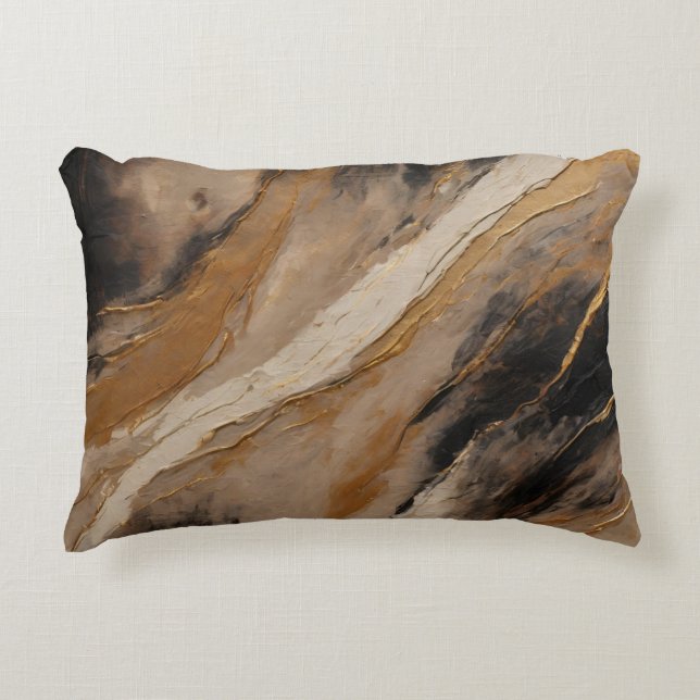 Zwart Beige Goud Marmered Abstract Accent Kussen (Voorkant)