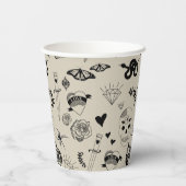 Zwart & beige Hand getrokken Tattoo Patroon Papieren Bekers (Achterkant)
