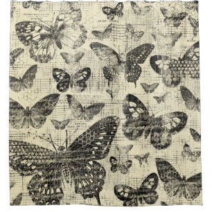 Zwart beige, vlinders, vintage, sjofele elegant, douchegordijn