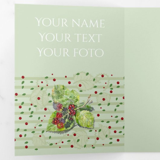 Zwart-Berry groene en rode Waterverf op papier Drieluik Kaart (Binnenzijde eerst)