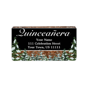 Zwart besneeuwd hout & bos dennen quinceañera adre etiket