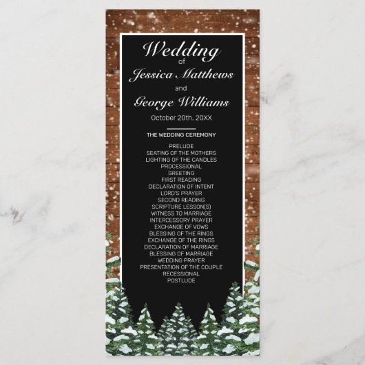 Zwart besneeuwd hout & bos dennenbruiloft programma (Voorkant)