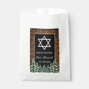 Zwart besneeuwd hout & bos Pine Bar Bat Mitzvah Bedankzakje