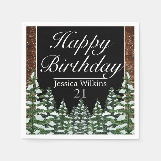 Zwart besneeuwd hout & bosden Gelukkige Verjaardag Servet (Voorkant)