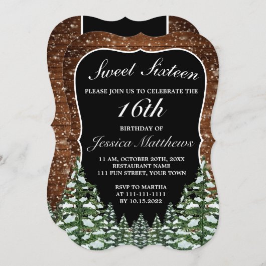 Zwart besneeuwd hout & bosden tiara zoet 16 kaart (Voorkant / Achterkant)