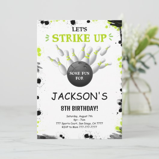 Zwart bewerkbare bowling uitnodiging (Staand voorkant)