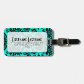 Zwart & Blauw  Bloemen Damasks Gepersonaliseerd Bagagelabel (Voorkant horizontaal)