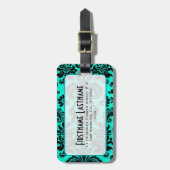 Zwart & Blauw  Bloemen Damasks Gepersonaliseerd Bagagelabel (Voorkant verticaal)