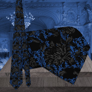 Zwart & Blauw Bloemendamask Gotische Bruiloft Stropdas