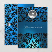 ZWART & BLAUW DAMAST MONOGRAM STEEN WIT KAART (Voorkant / Achterkant)