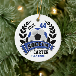 Zwart, Blauw en Wit Personaliseer Voetbal ⚽ Keramisch Ornament