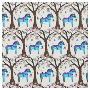 Zwart/blauw Folk Dala paard/Folk vogels/bloemen Stof