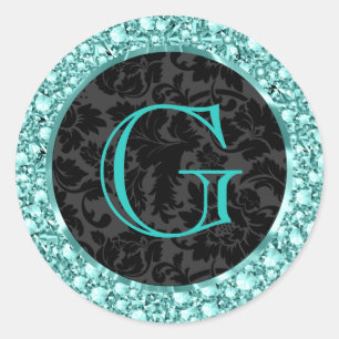 Zwart & Blauw-G Sparkling Diamonds Glitter-Monogra Ronde Sticker