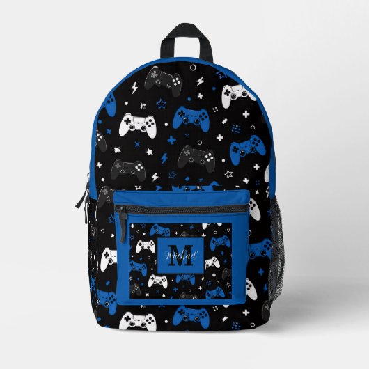 Zwart Blauw Gaming Controller Patroon Monogram Naa Bedrukte Rugzak (Voorkant)