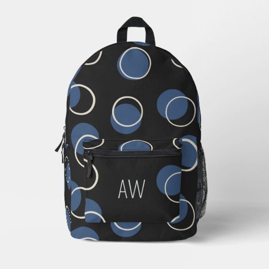Zwart & Blauw Geometric Circles Monogram Initialen Bedrukte Rugzak (Voorkant)