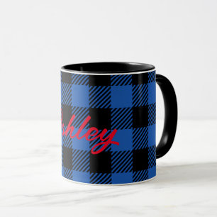 Zwart blauw geruit buffelpatroon personaliseren mok