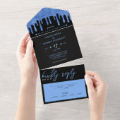 Zwart & Blauw Glitter Drip Bruiloft All In One Uitnodiging (Afscheurbaar)