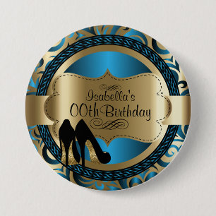 Zwart, Blauw & Goud Metallic - 00e verjaardag Ronde Button 7,6 Cm