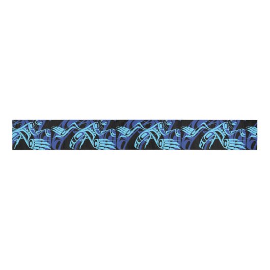 Zwart Blauw Haida Eagle Thunder Vogel Native Art Grosgrain Lint (Voorkant)