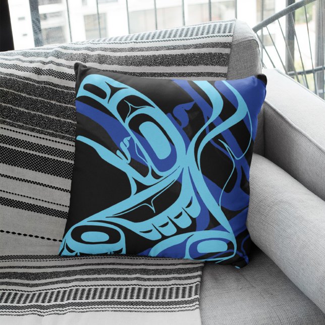 Zwart Blauw Haida Eagle Thunder Vogel Native Art Kussen (Creator heeft geüpload)