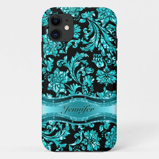 Zwart & Blauw Metallic Bloemen Damasks-Gepersonali Case-Mate iPhone Case (Achterkant)