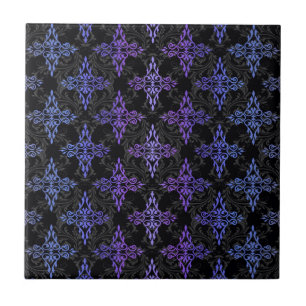Zwart Blauw Paars Dubbel Damast Patroon Tegeltje