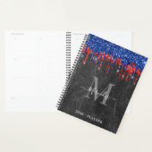 Zwart blauw rood glitter drift lederen monogram planner (Display)
