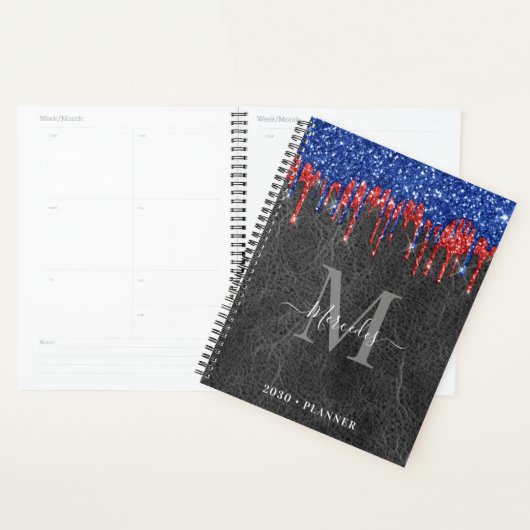 Zwart blauw rood glitter drift lederen monogram planner (Display)