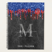 Zwart blauw rood glitter drift lederen monogram planner (Voorkant)