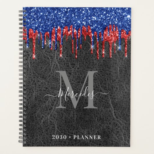 Zwart blauw rood glitter drift lederen monogram planner (Voorkant)
