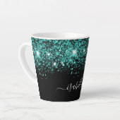Zwart blauwgroen glitter naam glam script latte mok (Linkerhoek)