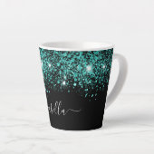 Zwart blauwgroen glitter naam glam script latte mok (Rechterhoek)