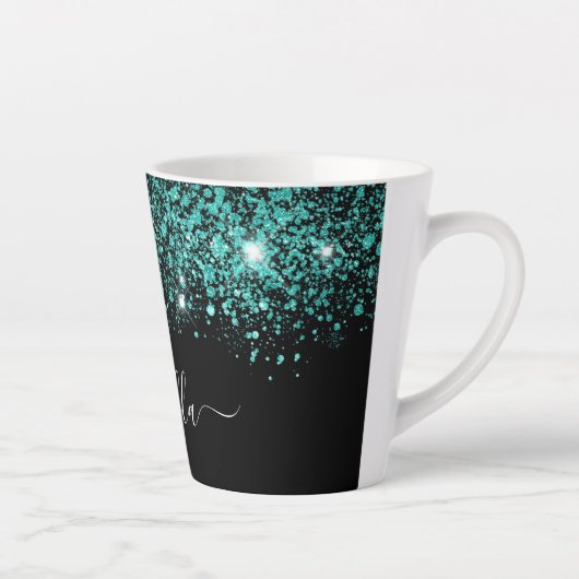 Zwart blauwgroen glitter naam glam script latte mok (Rechts)