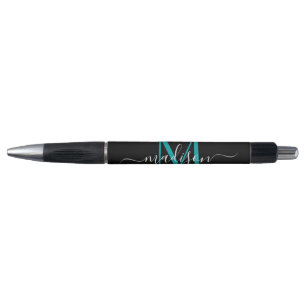 Zwart Blauwgroen Groen Monogram Script Naam Stijlv Pen