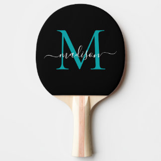 Zwart Blauwgroen Groen Monogram Script Naam Tafeltennisbatje