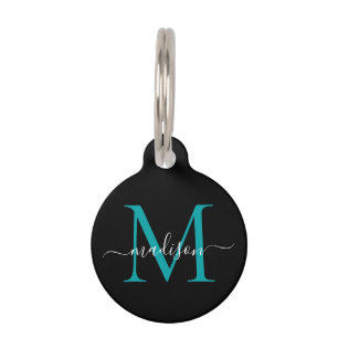 Zwart Blauwgroen Monogram Vrouwelijk Script Naam Huisdierpenning