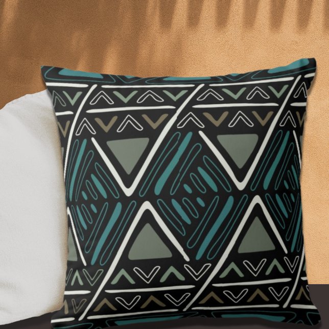 Zwart-Blauwgroen Mudcloth Geïnspireerde Boho Kussen (Creator heeft geüpload)