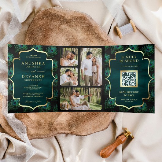 Zwart Blauwgroen Peacock Feathers QR Code Bruiloft Drieluik Uitnodiging